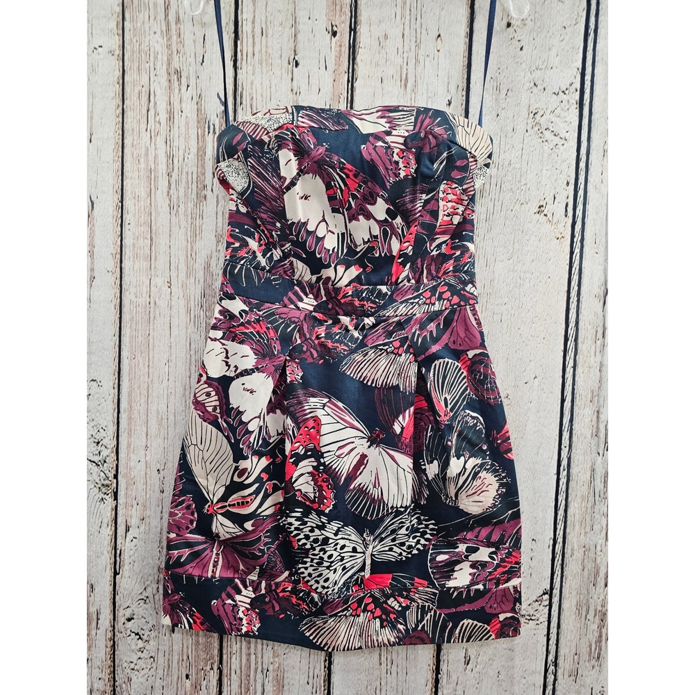 French Connection Dress Womens 2 Navy Pink Butterfly Strapless Mini Cotton